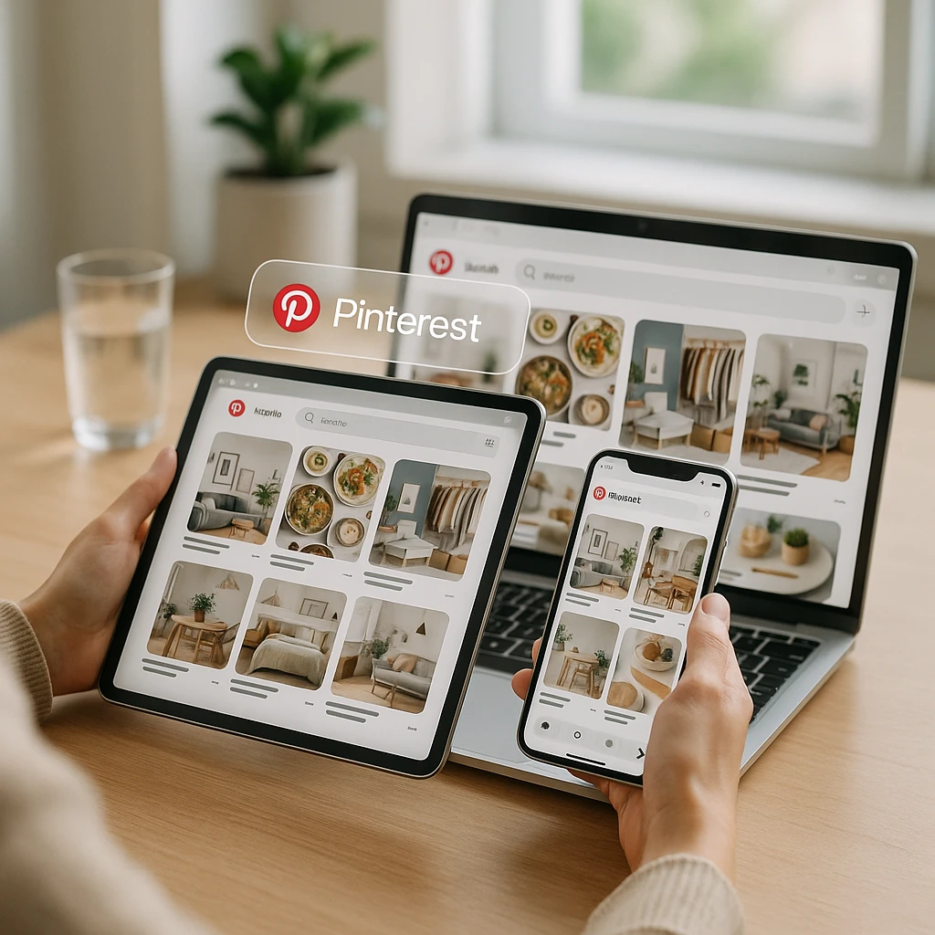 A person comparing different devices (smartphone, laptop, tablet) on a modern desk with Pinterest interface visible on screens, clean workspace with natural lighting, photorealistic style with glassmorphic elements